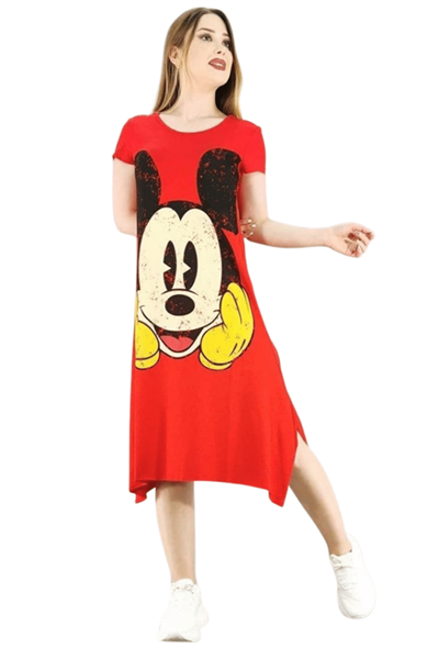 Mickey Baskılı Elbise - Kırmızı