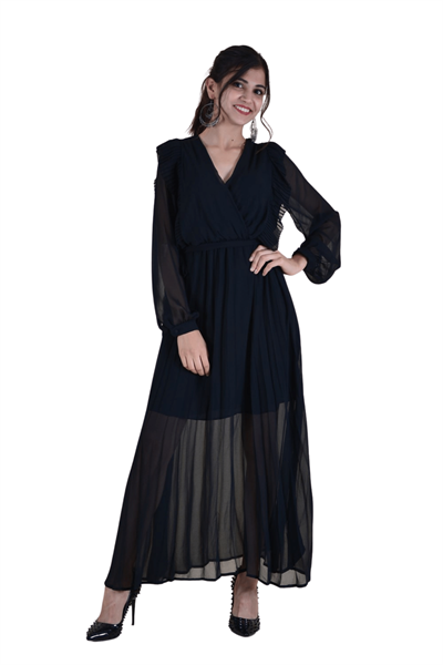 Tül Detaylı Boydan Kadın Elbise - Siyah