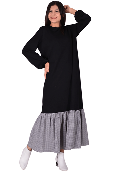 Kadın Siyah Eteği Ekose  Elbise 