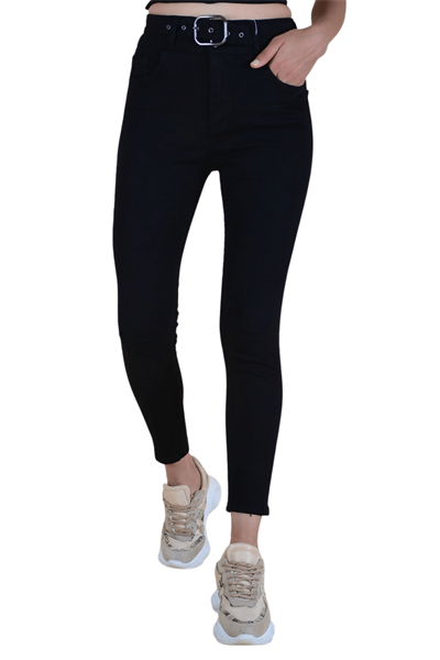 Kemerli Model Kadın Pantolon - Siyah Rins