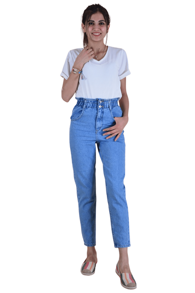 Bel Lastikli Mom Kadın Kot Pantolon - Açık Mavi