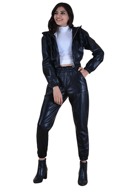 Kadın Siyah Belden Sıkma Model Deri Pantolon 