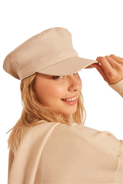 Kadın Ekru Deri Kasket Şapka