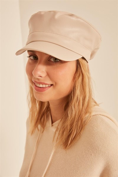 Kadın Ekru Deri Kasket Şapka