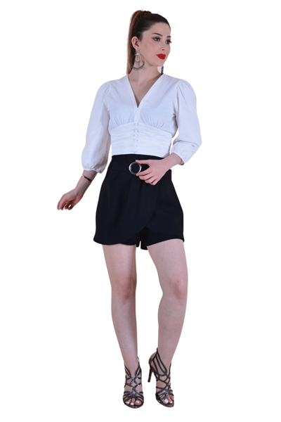 V Yaka Belden Katlama Model Kadın Bluz - Ekru