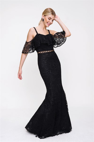 Kadın Siyah Askı Kol Dantel Işleme Model Elbise
