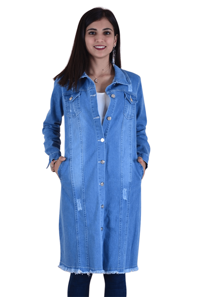 Boydan Düğmeli Kadın Kot Ceket - Açık Mavi