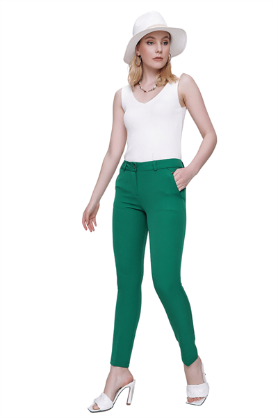 Kadın Yeşil Cepli Kumaş Pantolon