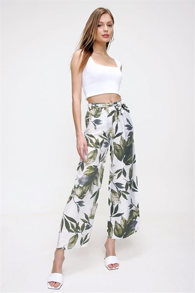 Kadın Yeşil Yaprak Desenli Pantolon