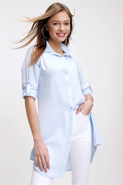 Kadın Mavi Kırışık Görünümlü Gömlek Tunik