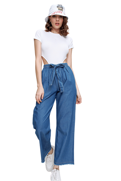 Kadın Koyu Mavi Bol Paça Jeans Kot Pantolon