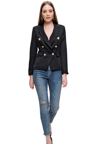 Kadın Siyah Düğme Detaylı Kruvaze Yaka Blazer Ceket