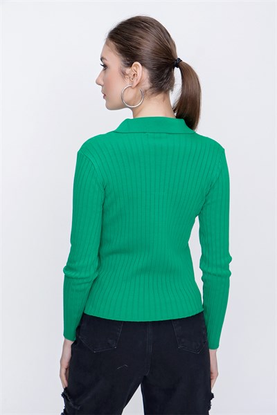 Kadın Yeşil Polo Yaka Triko Bluz