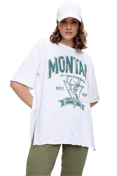 Kadın Beyaz Montana Baskılı Tişört