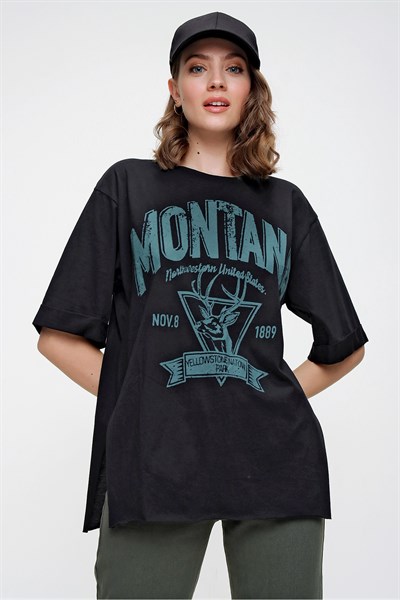 Kadın Siyah Montana Baskılı Tişört