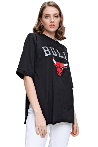 Kadın Siyah Bulls Baskılı Tişört 