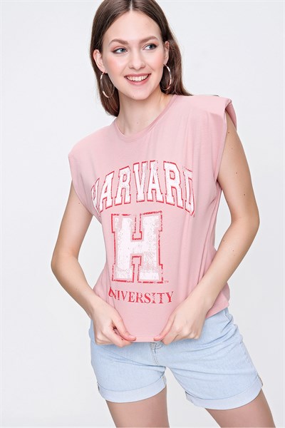 Kadın Pudra Harvard Sıfır Kol Tişört