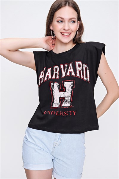 Kadın Siyah Harvard Sıfır Kol Tişört