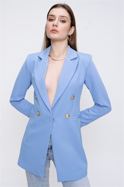 Kadın Mavi Düğmeli Atlas Ceket