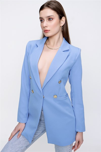 Kadın Mavi Düğmeli Atlas Ceket