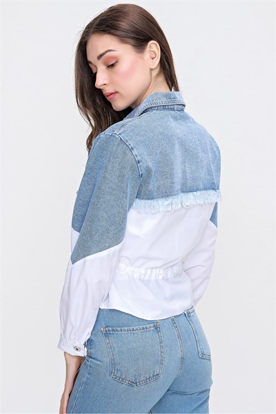 Kadın Beyaz Mavi Alt Kumaş Detaylı Jean Ceket
