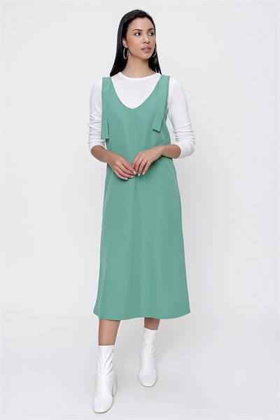 Kadın Yeşil Omuzdan Bağlamalı Jile Elbise