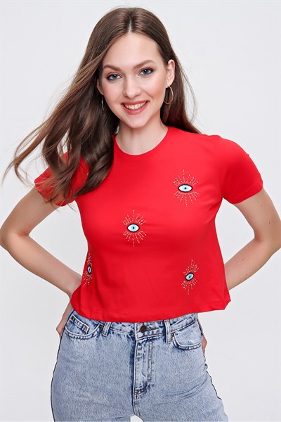 Kadın Kırmızı Göz Nakış İşleme Tişört