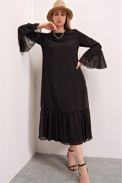 Kadın Siyah FırFır Detay Astarlı Şifon Elbise