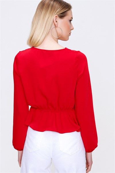 Kadın Kırmızı Beli Lastikli Güpürlü Bluz