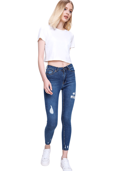 Kadın Koyu Mavi Peçli Yüksek Bel Jean Pantolon