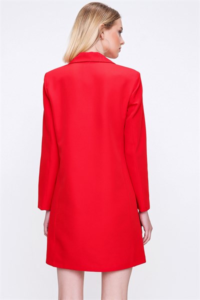Kadın Kırmızı Düğmeli Uzun Ceket