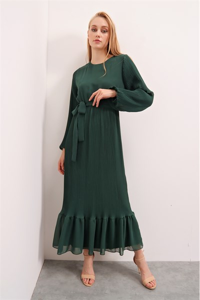 Kadın Z.Yeşil Eteği Ve Kolları Plise Şifon Elbise