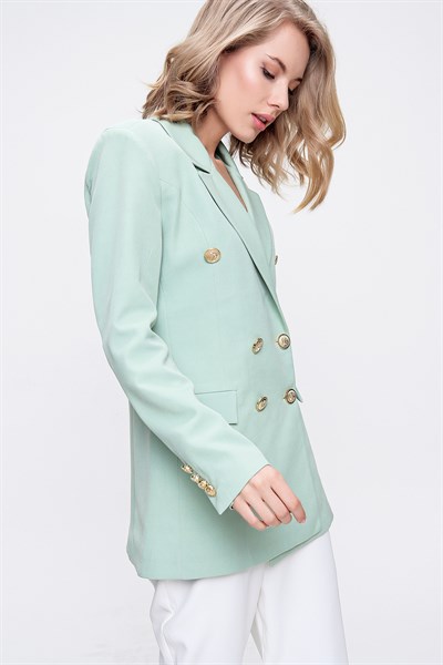Kadın Mint Kruvaze Yaka Uzun Blazer Ceket