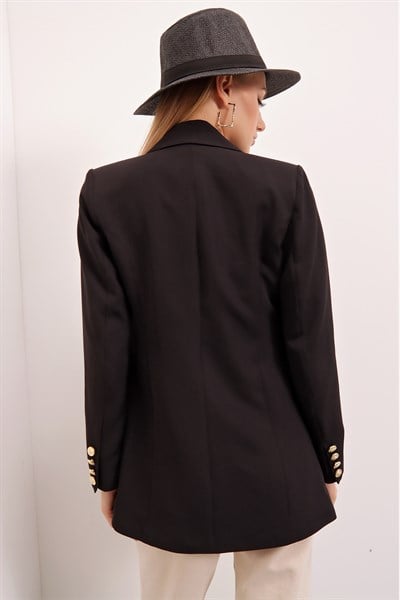 Kadın Siyah Kruvaze Yaka Uzun Blazer Ceket