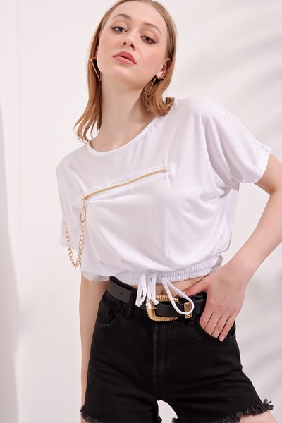 Kadın Beyaz Fermuar Detay Tişört