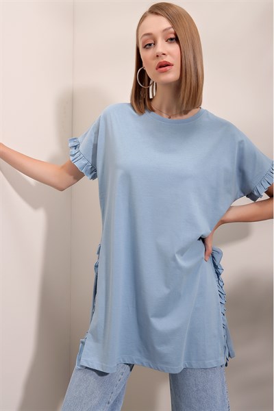 Kadın Mavi FırFır Detay Tişört