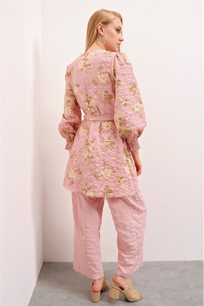 Kadın Pudra Çiçek Desenli Tunik Pantolon Takım
