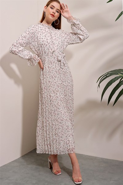Kadın Ekru-Pudra Şifon Pileli Elbise