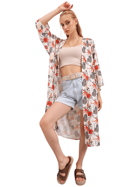 Kadın Ekru Desenli Kimono Ceket
