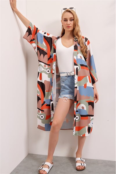 Kadın Renkli Desenli Kimono Ceket