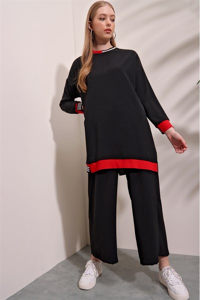 Kadın Siyah-Kırmızı Çizgi Detay Pantolon Tunik Takım