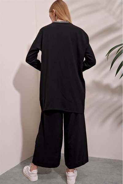 Kadın Siyah-Kırmızı Çizgi Detay Pantolon Tunik Takım