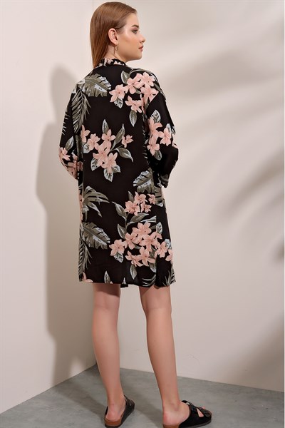 Kadın Siyah-Pudra Desenli Kimono Ceket