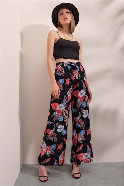 Kadın Siyah Nar Çiçeği Bol Paça Desenli Pantolon