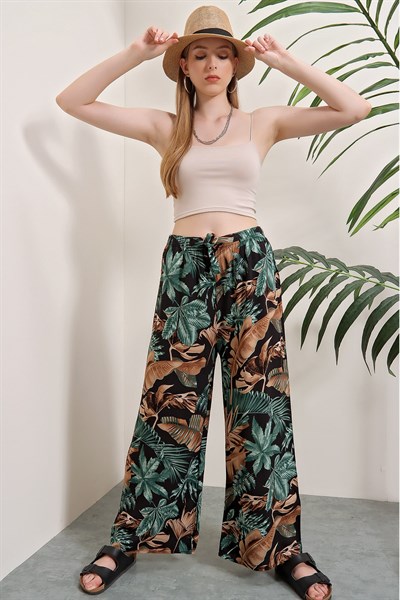 Kadın Yeşil-Vizon Bol Paça Desenli Pantolon