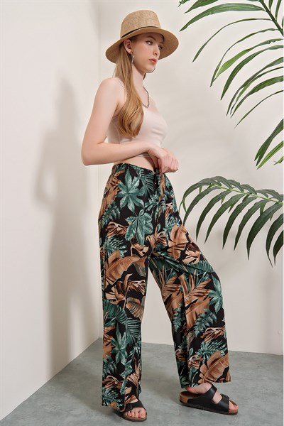 Kadın Yeşil-Vizon Bol Paça Desenli Pantolon