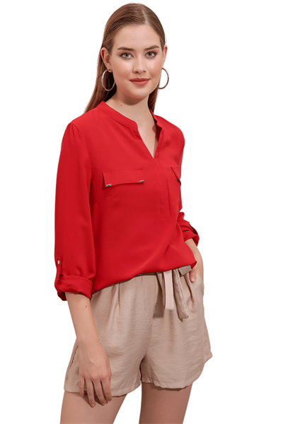 Kadın Kırmızı Şifon Cep Kapaklı Gömlek