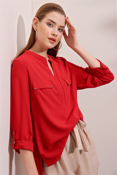 Kadın Kırmızı Şifon Cep Kapaklı Gömlek