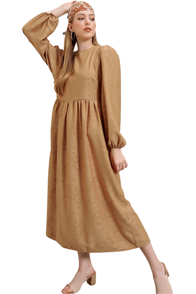 Kadın Camel Desenli Balon Kol Elbise