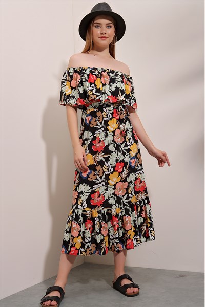 Kadın Siyah-Mint Kayık Yaka Çiçek Desenli Elbise